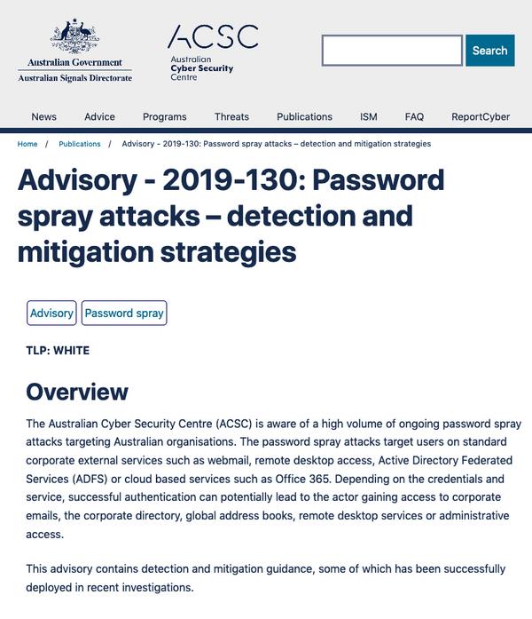 Advisory - 2019-130: Password spray attacks – detection and mitigation strategies