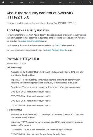 Apple SwiftNIO HTTP/2に脆弱性、アップデートを