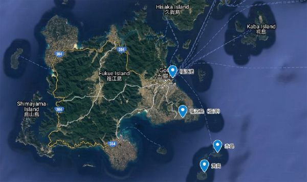 福江島と黄島、赤島の地図
