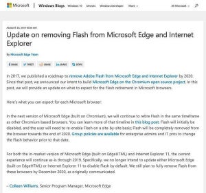 Microsoft EdgeとInternet Explorer、Flash削除のロードマップを更新