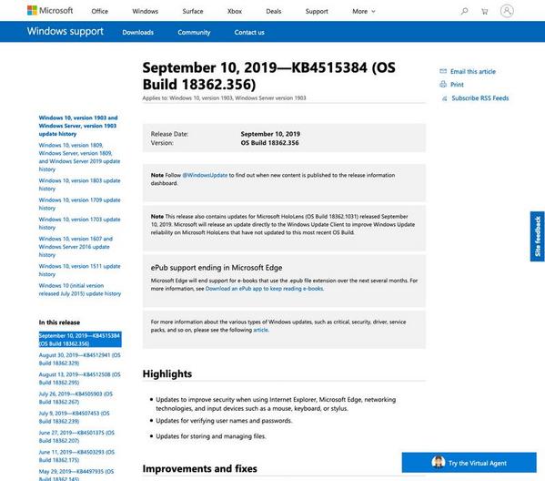 September 10、2019—KB4515384 (OS Build 18362.356)