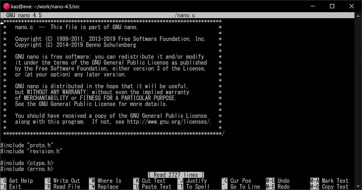 WSL上で動作するGNU nano バージョン4.5
