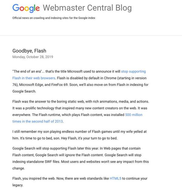 Official Google Webmaster Central Blog [EN]: Goodbye、Flash