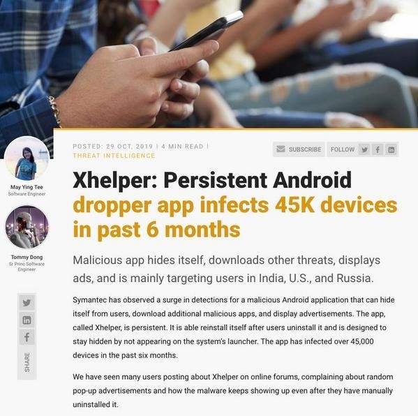 Xhelper: Persistent Android dropper app infects 45K devices in past 6 months｜Symantec Blog