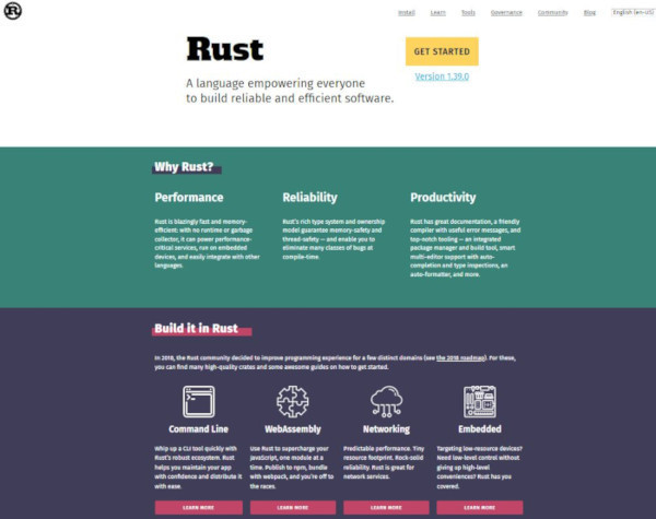 Rust<a href="https://www.rust-lang.org/" target="_blank">公式サイト</a>