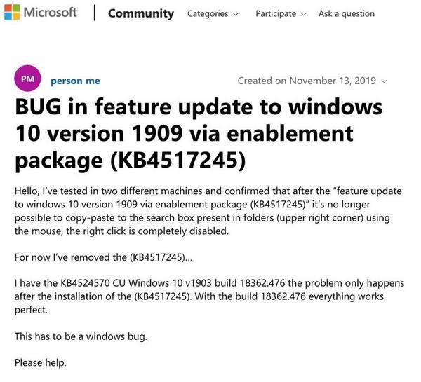 BUG in feature update to windows 10 version 1909 via enablement package (KB4517245) - Microsoft Community