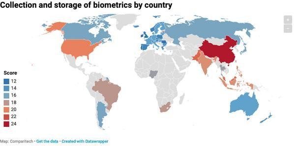 生体データ懸念スコアマップ - 資料: Comparitech提供