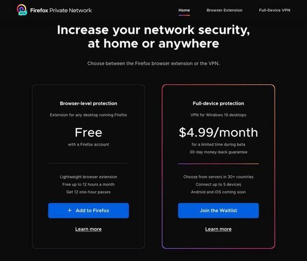 Firefox Private Network Beta: Browser Add-On and Full-Device VPN