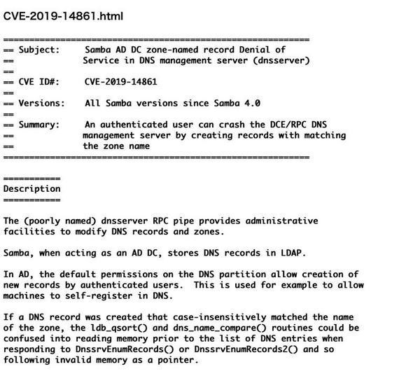 CVE-2019-14861 - Samba AD DC zone-named record Denial of Service in DNS management server (dnsserver)