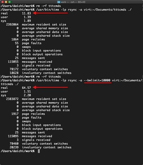 rsyncコマンドと--bwlimitオプションの使用サンプル