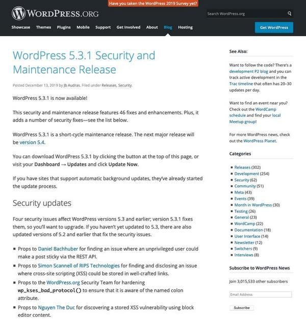 News - WordPress 5.3.1 Security and Maintenance Release - WordPress.org