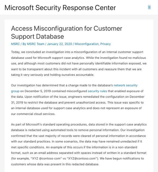 Access Misconfiguration for Customer Support Database - Microsoft Security Response Center