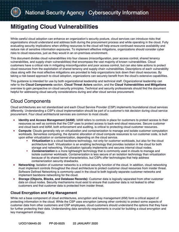 National Security Agency｜Cybersecurity Information - Mitigating Cloud Vulnerabilities