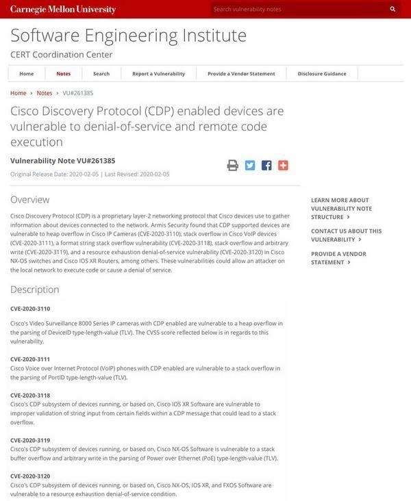 VU#261385 - Cisco Discovery Protocol (CDP) enabled devices are vulnerable to denial-of-service and remote code execution