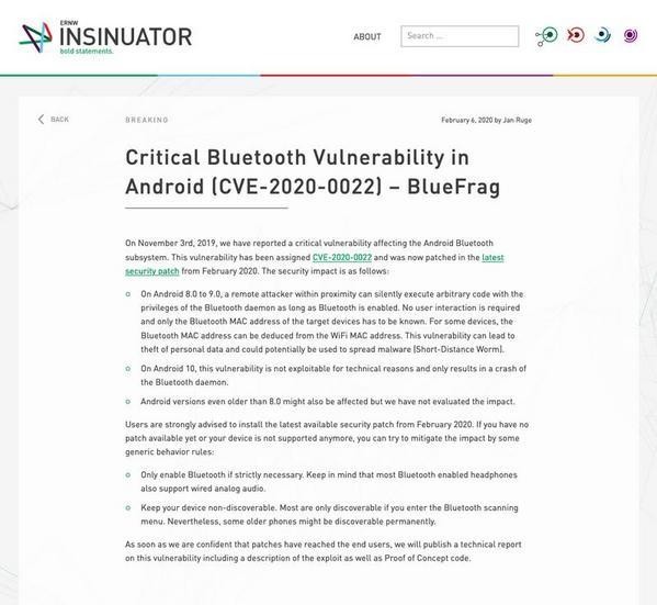 Critical Bluetooth Vulnerability in Android (CVE-2020-0022) - BlueFrag - Insinuator.net