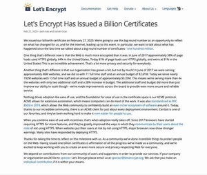 Let's Encrypt、10億の証明書を発行 - 全体の81%がHTTPSを使用