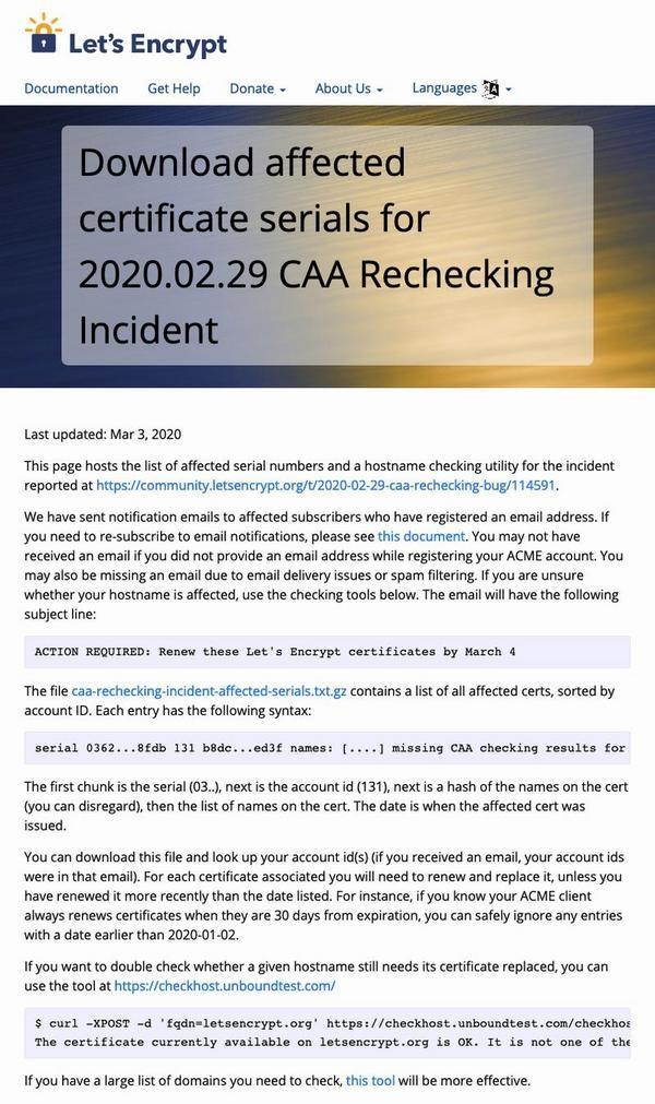 Download affected certificate serials for 2020.02.29 CAA Rechecking Incident -  Let's Encrypt - Free SSL/TLS Certificates