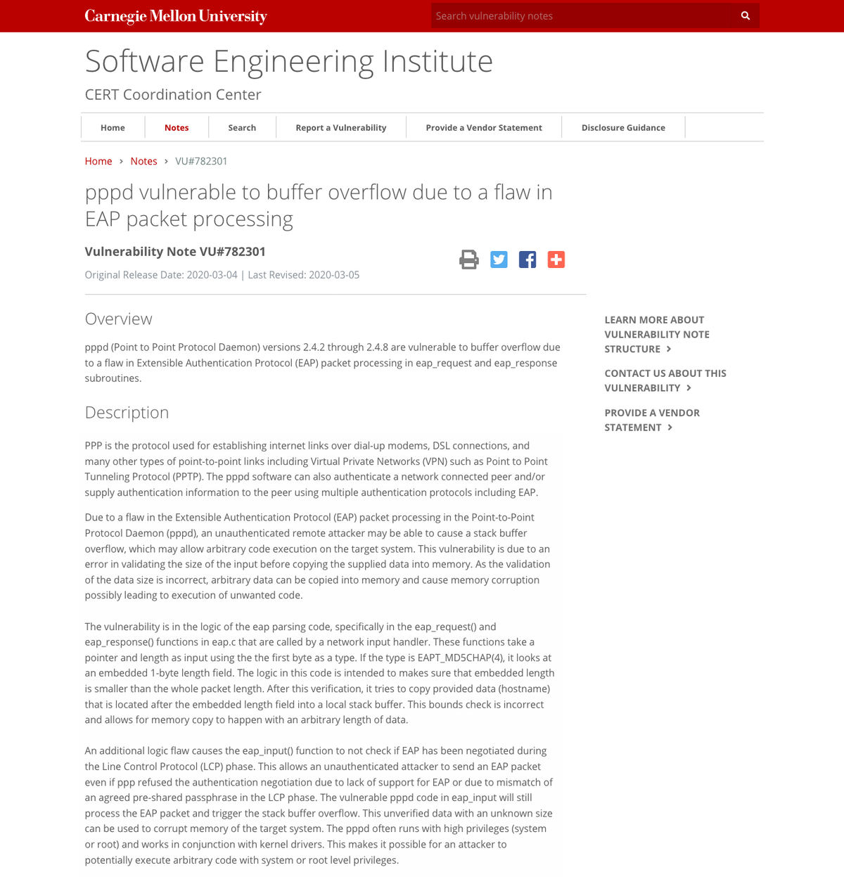 VU#782301 - pppd vulnerable to buffer overflow due to a flaw in EAP packet processing