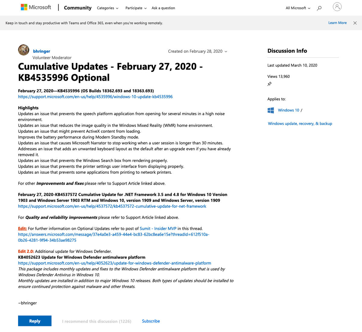 Cumulative Updates - February 27、2020 - KB4535996 Optional - Microsoft Community