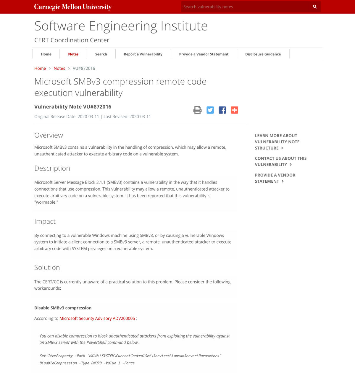 VU#872016 - Microsoft SMBv3 compression remote code execution vulnerability