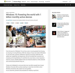 マイクロソフト発表、「世界の7人に1人はWindows 10を利用している」