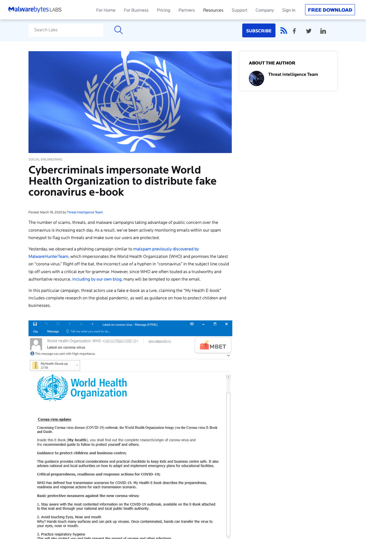 Cybercriminals impersonate World Health Organization to distribute fake coronavirus e-book｜Malwarebytes Labs