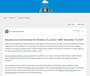 Revised end of service date for Windows 10, version 1809: November 10, 2020