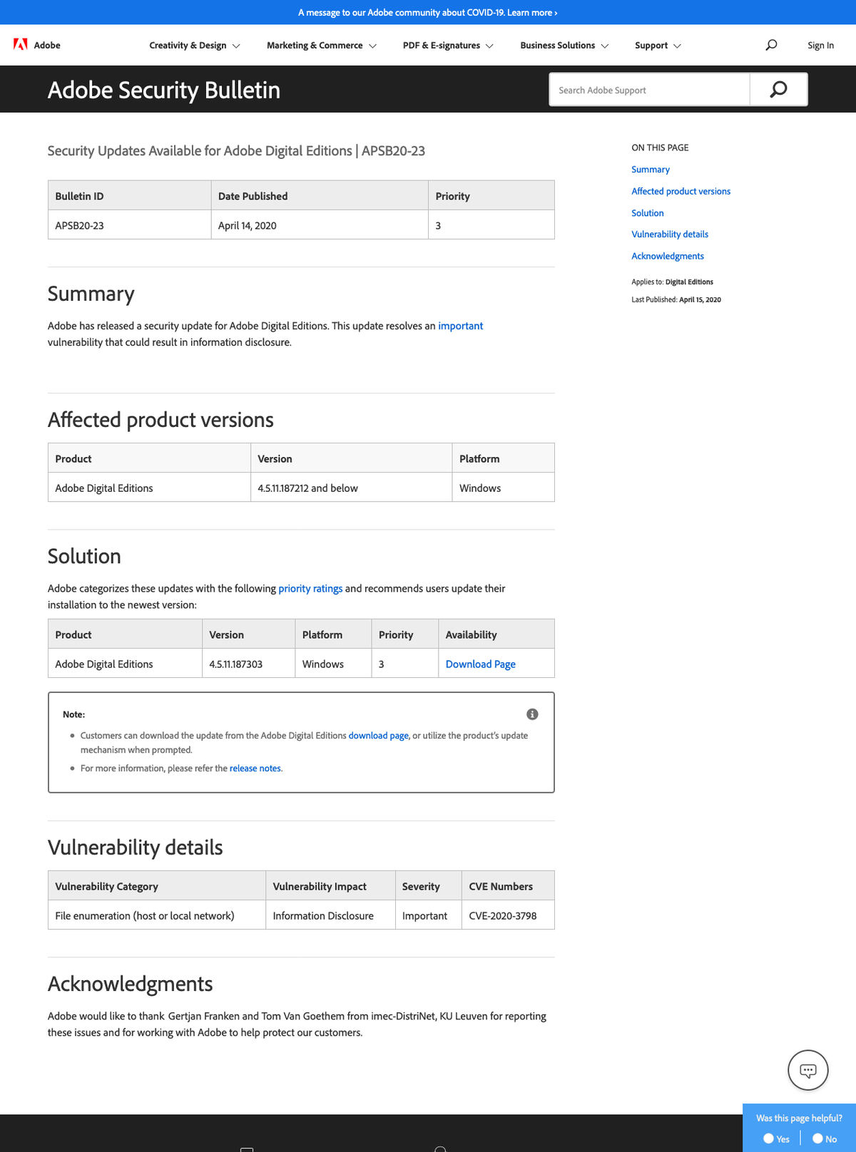 Security Updates Available for Adobe Digital Editions｜APSB20-23