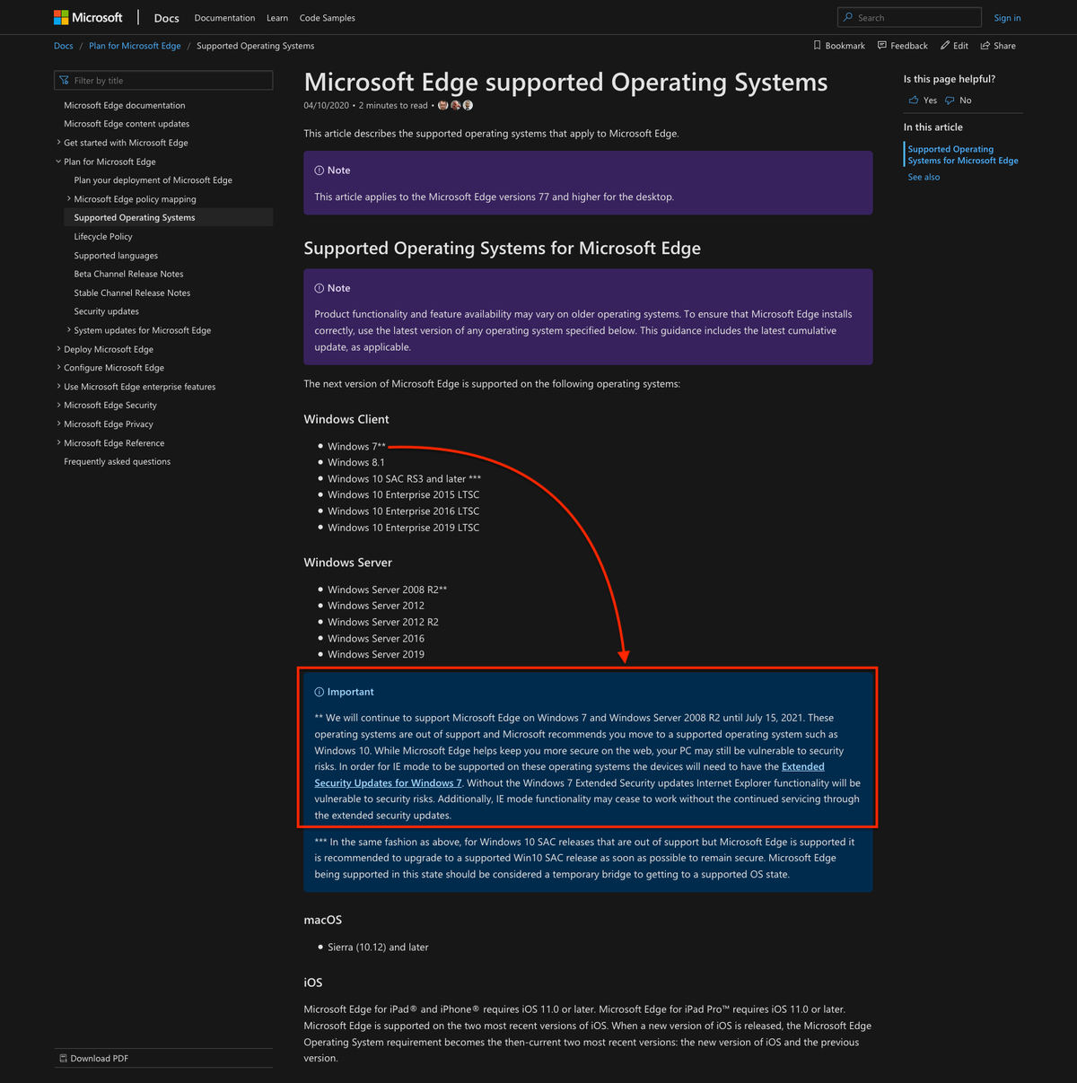 Microsoft Edge Supported Operating Systems｜Microsoft Docs