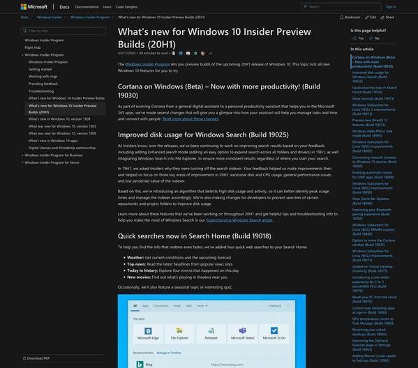 What's new for Windows 10 Insider Preview Builds (20H1)