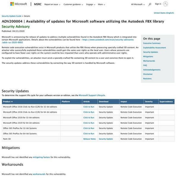 ADV200004｜Availability of updates for Microsoft software utilizing the Autodesk FBX library