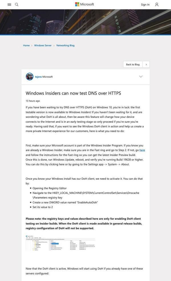 Windows Insiders can now test DNS over HTTPS - Microsoft Tech Community - 1381282