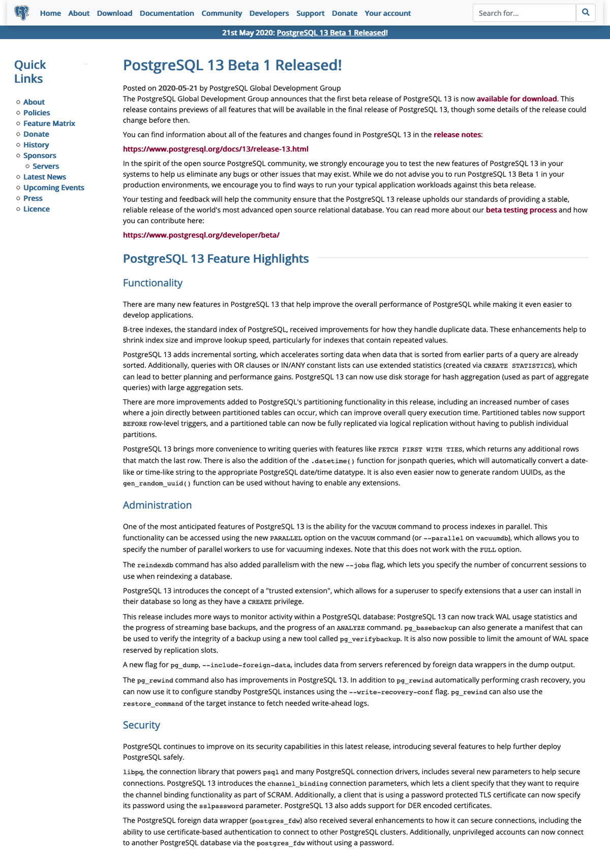 PostgreSQL: PostgreSQL 13 Beta 1 Released!