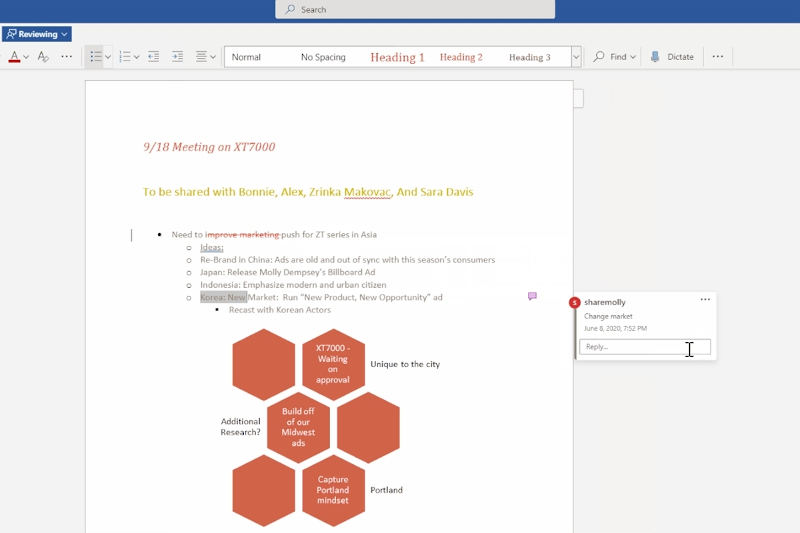 所有者が「Open in review mode only」を有効にした場合、Word文書ファイルをWord Onlineで開くと「Reviewing」が加わる