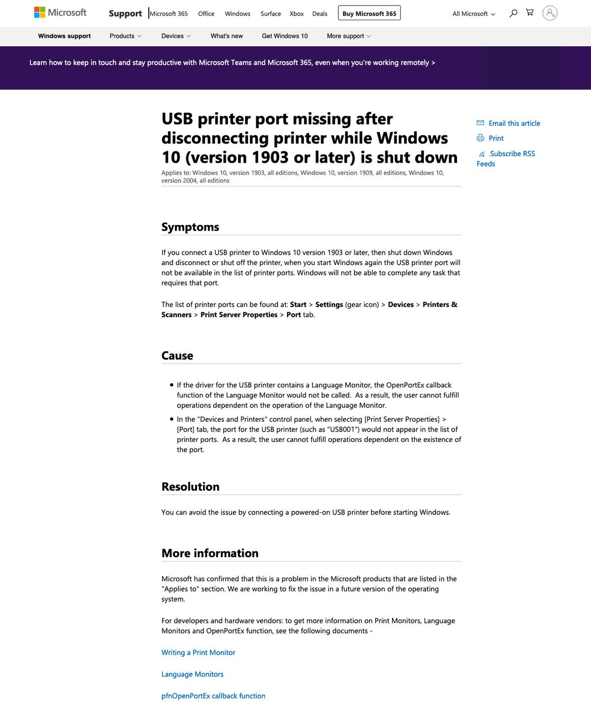 USB printer port missing after disconnecting printer while Windows 10 (version 1903 or later) is shut down