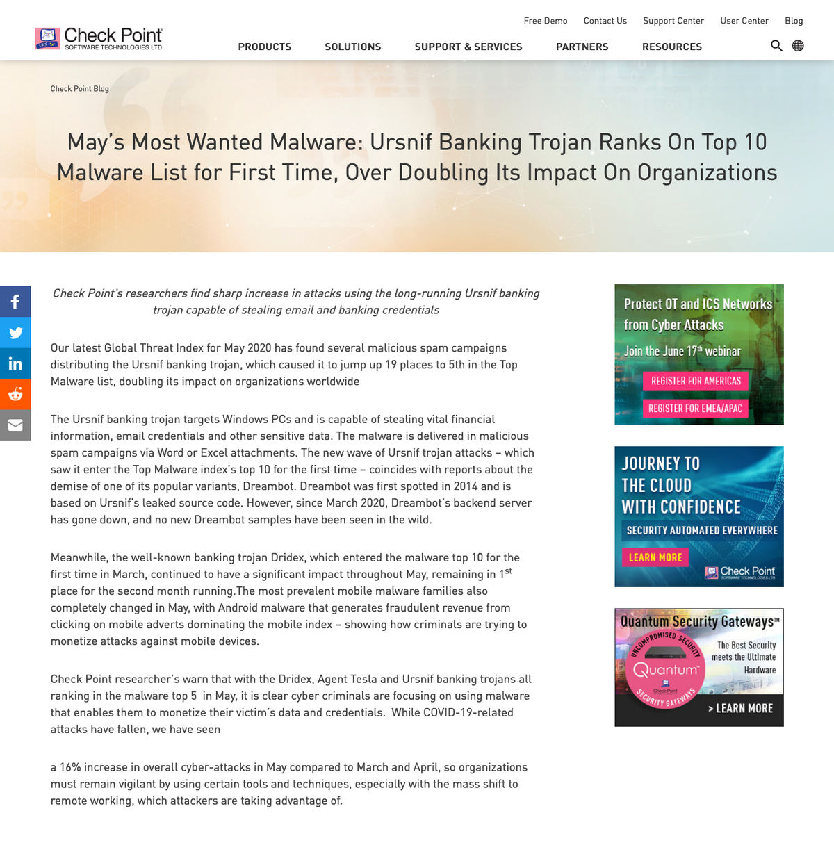 May’s Most Wanted Malware: Ursnif Banking Trojan Ranks On Top 10 Malware List for First Time、Over Doubling Its Impact On Organizations - Check Point Software