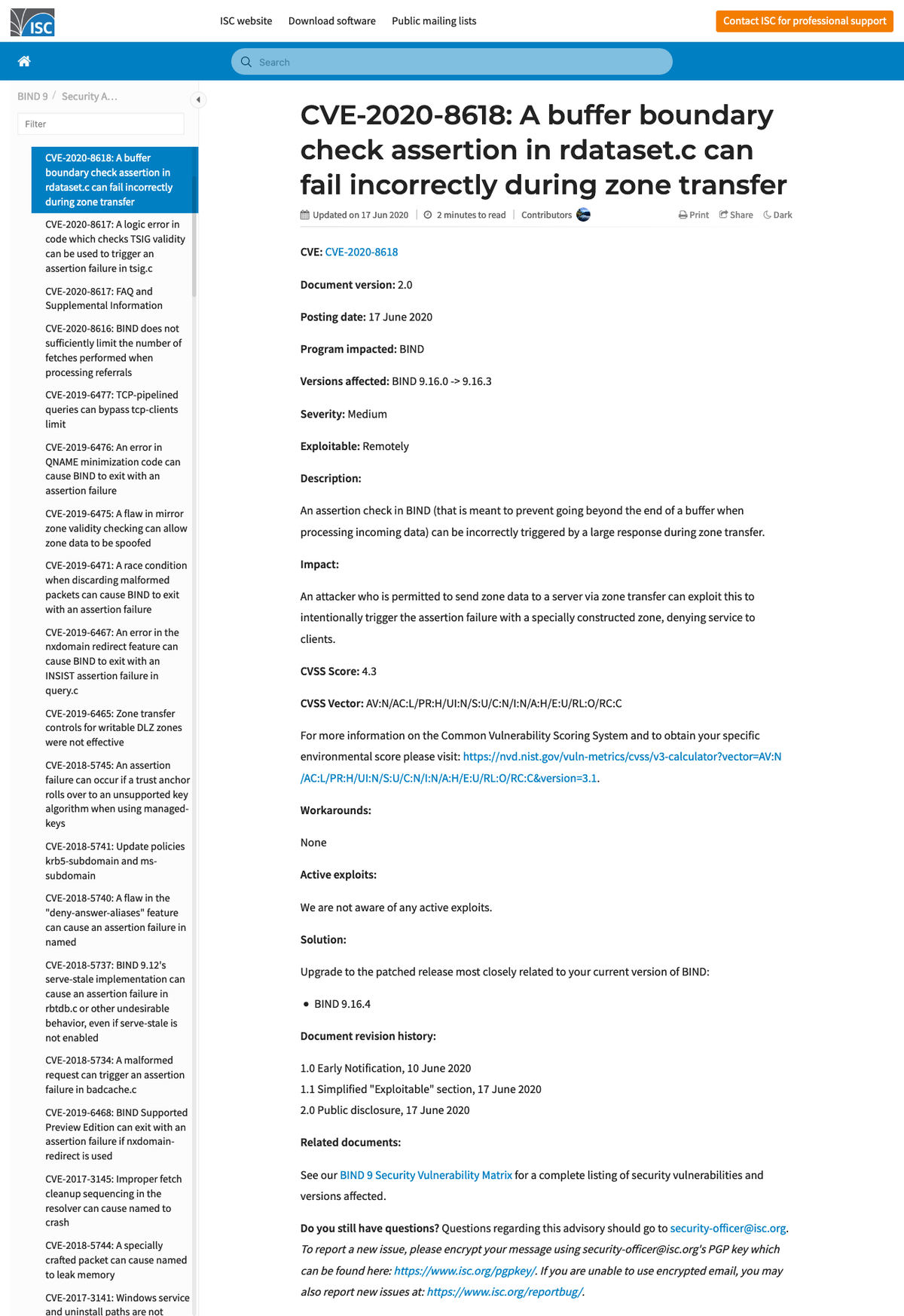 CVE-2020-8618: A buffer boundary check assertion in rdataset.c can fail incorrectly during zone transfer - Security Advisories