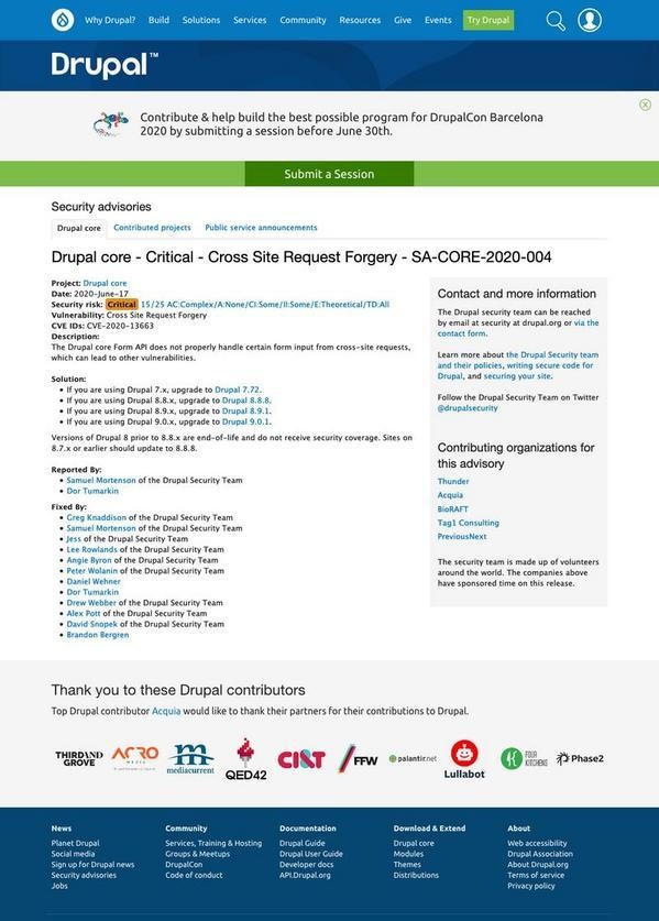 Drupal core - Critical - Cross Site Request Forgery - SA-CORE-2020-004｜Drupal.org