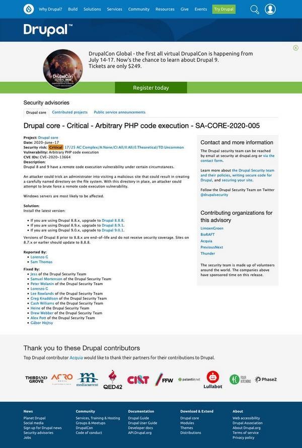 Drupal core - Critical - Arbitrary PHP code execution - SA-CORE-2020-005｜Drupal.org