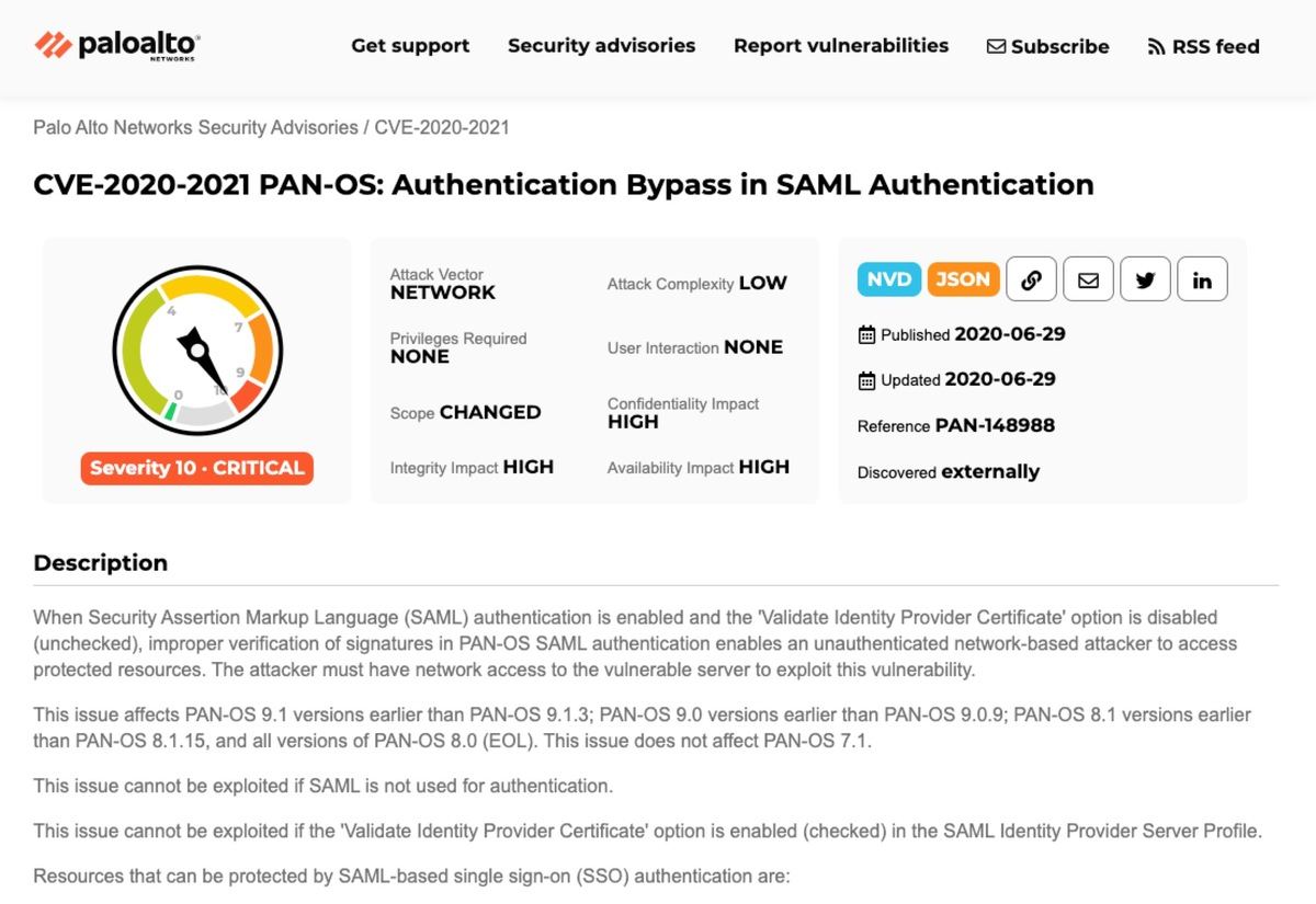 CVE-2020-2021 PAN-OS: Authentication Bypass in SAML Authentication