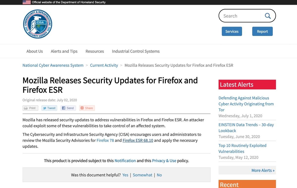 Mozilla Releases Security Updates for Firefox and Firefox ESR｜CISA