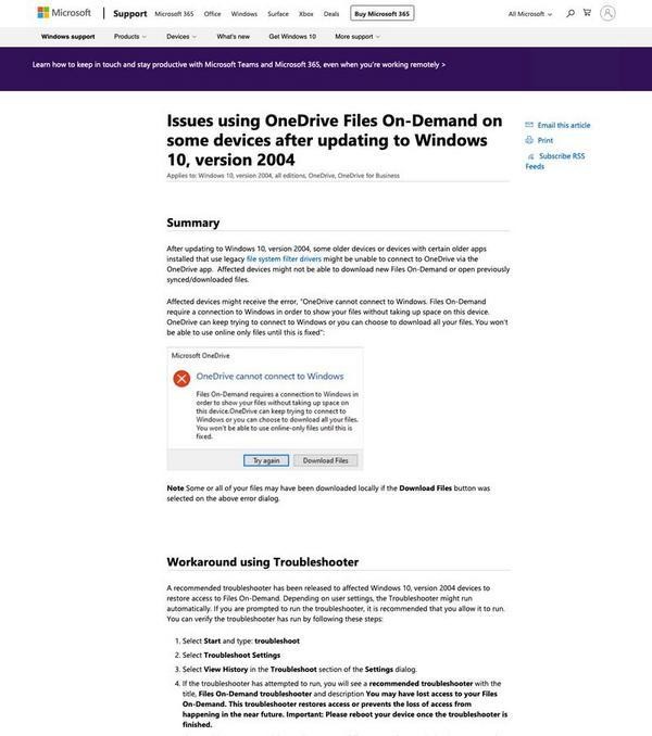 Issues using OneDrive Files On-Demand on some devices after updating to Windows 10、version 2004
