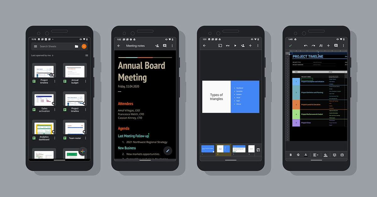 ダークテーマに対応したAndroid向けのGoogle ドキュメント、Google スプレッドシート、Google スライド - 資料: Google提供