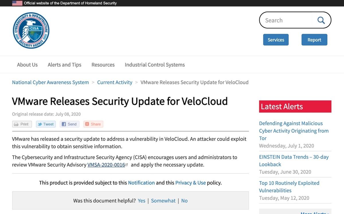 VMware Releases Security Update for VeloCloud｜CISA