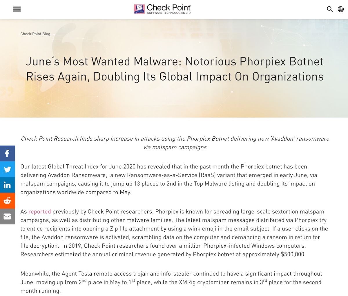 June‘s Most Wanted Malware: Notorious Phorpiex Botnet Rises Again、Doubling Its Global Impact On Organizations - Check Point Software