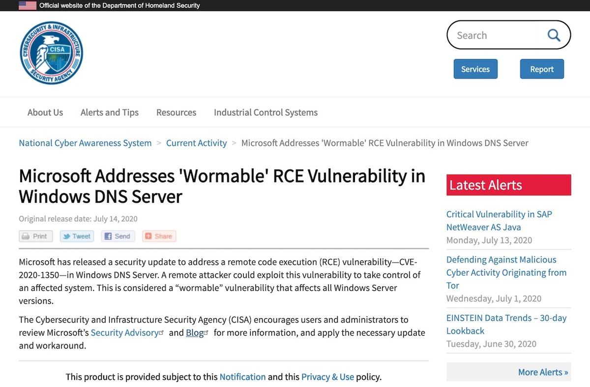 Microsoft Addresses 'Wormable' RCE Vulnerability in Windows DNS Server｜CISA