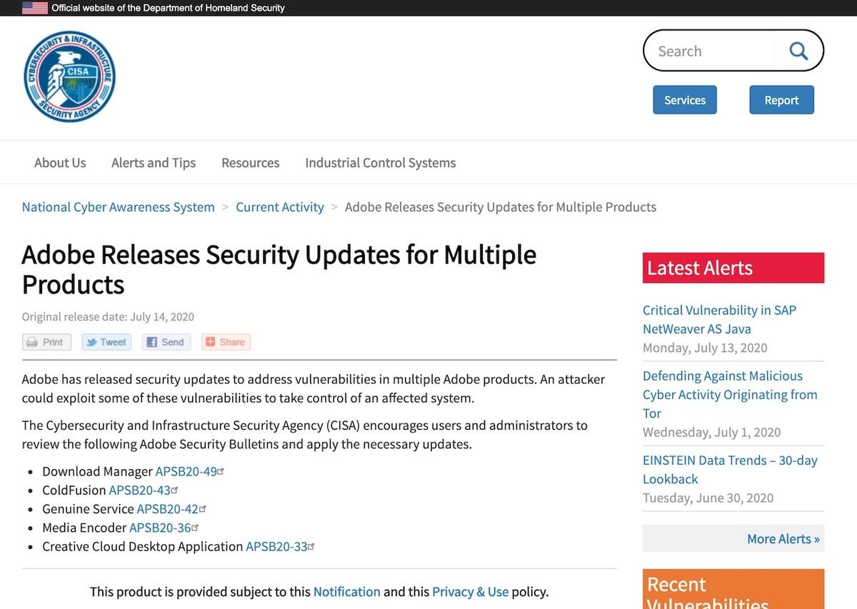 Adobe Releases Security Updates for Multiple Products｜CISA