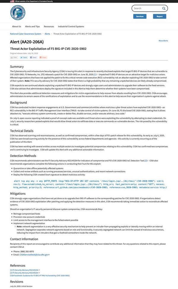 Threat Actor Exploitation of F5 BIG-IP CVE-2020-5902｜CISA