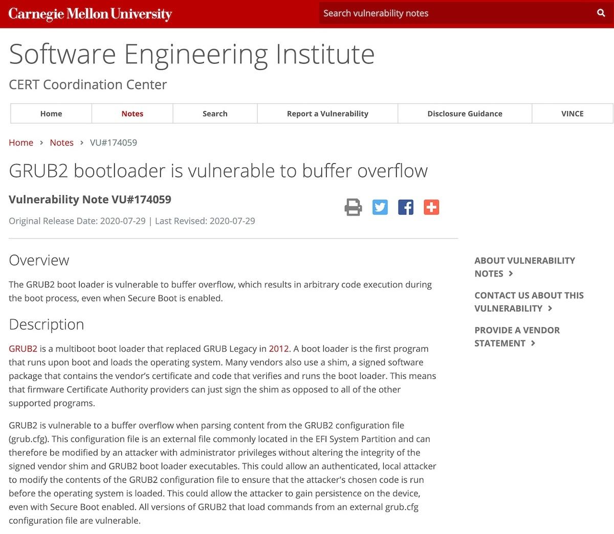VU#174059 - GRUB2 bootloader is vulnerable to buffer overflow