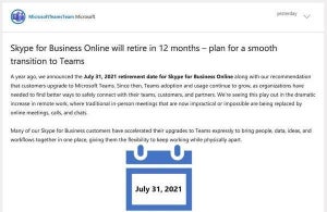 Microsoft、Skype for Business Onlineがあと12カ月で停止すると警告
